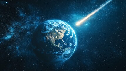 Naklejka premium Comet passing planet Earth in outer space, cosmic scene for sci-fi visuals