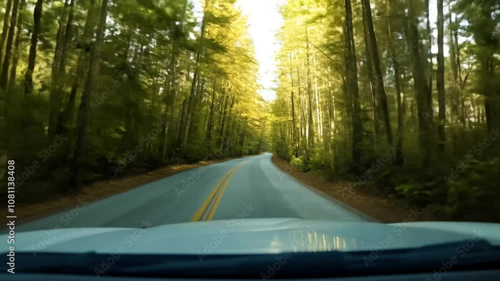 Poster driving through a serene forest on a winding empty road generative ai