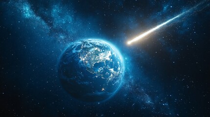 Obraz premium Comet passing planet Earth in outer space, cosmic scene for sci-fi visuals