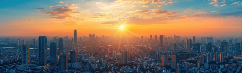 Fototapeta premium Sunset over a city with tall buildings and a river, banner, copy space