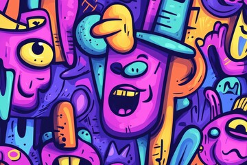 Obraz premium Colorful graffiti mural featuring dynamic characters and whimsical shapes