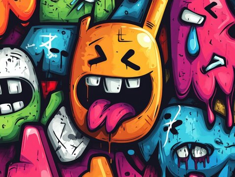 Colorful graffiti art featuring playful characters on urban wall in daytime