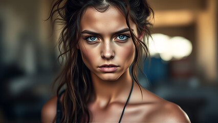 A young woman with acne, frizzy hair, and a sloppy outfit gives a defiant stare, capturing the beauty