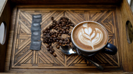 Latte with Heart-Shaped Art in Dark Cup on Intricately Carved Wooden Tray with Coffee Beans