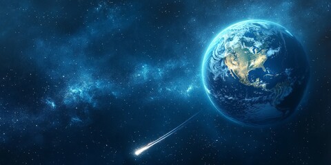 Fototapeta premium Comet passing planet Earth in outer space, cosmic scene for sci-fi visuals