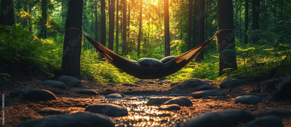 Poster hammock hanging between two trees in a forest with a stream running through it.