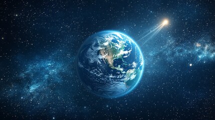 Obraz premium Comet passing planet Earth in outer space, cosmic scene for sci-fi visuals