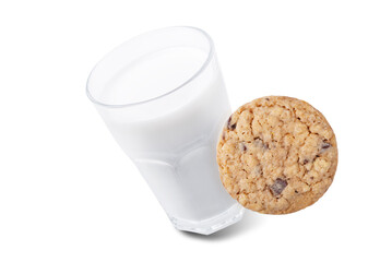 Fresh oatmeal cookies with chocolate with glass of milk on a white isolated background