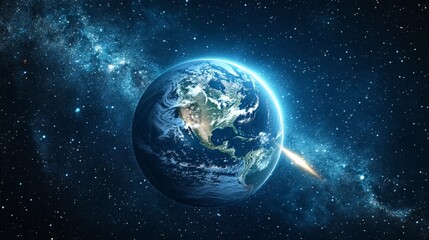 Obraz premium Comet passing planet Earth in outer space, cosmic scene for sci-fi visuals