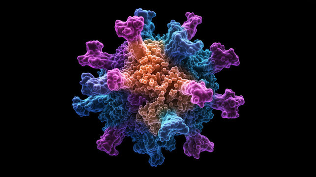 A 3D microscopic view of a virus with a capsid shell and embedded proteins