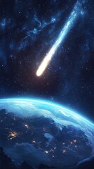 Obraz premium Comet passing planet Earth in outer space, cosmic scene for sci-fi visuals