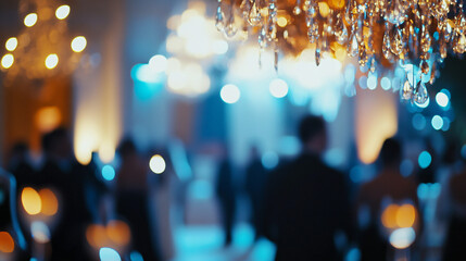 Elegant crystal chandelier illuminates a glamorous gathering of guests at a high-class gala event