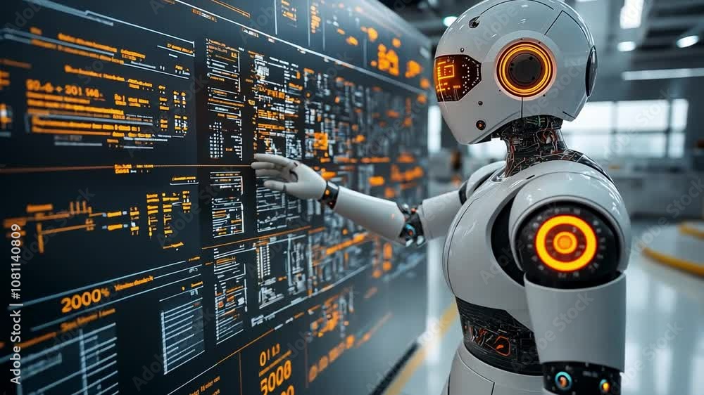 Poster futuristic robot interacting with a digital control panel in a high-tech industrial setting