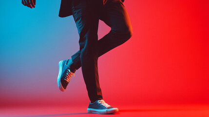 Male dancer in sneakers and suit pants performs a dance move under vibrant blue and red neon lights