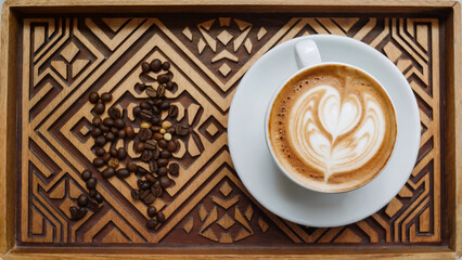 Latte with Heart Art in White Cup on Intricately Carved Wooden Tray with Coffee Beans