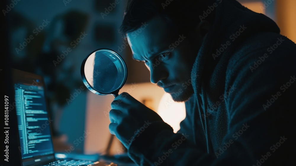 Poster man using a magnifying glass to examine a computer screen