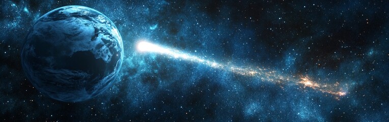 Obraz premium Comet passing planet Earth in outer space, cosmic scene for sci-fi visuals