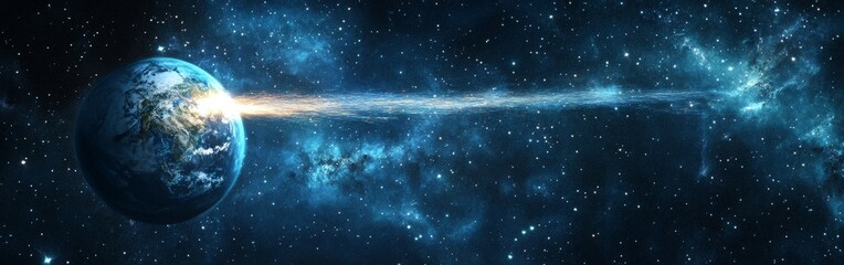 Fototapeta premium Comet passing planet Earth in outer space, cosmic scene for sci-fi visuals