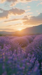 Fototapeta premium Sunset glow over lavender fields creating a stunning landscape wallpaper.