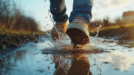 Close-up of a Foot Stepping in a Puddle, Splashing Water