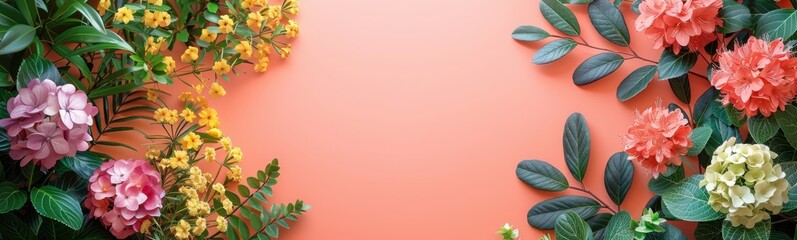 Many different flowers on a pink background, plant background, banner, copy space