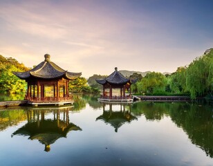 Fototapeta premium Traditional Chinese Pavilions in Hangzhou’s West Lake Surrounded by Lush Gardens and Reflective Waters, Creating a Serene Cultural Landscape Perfect for Peaceful Meditation and Photography