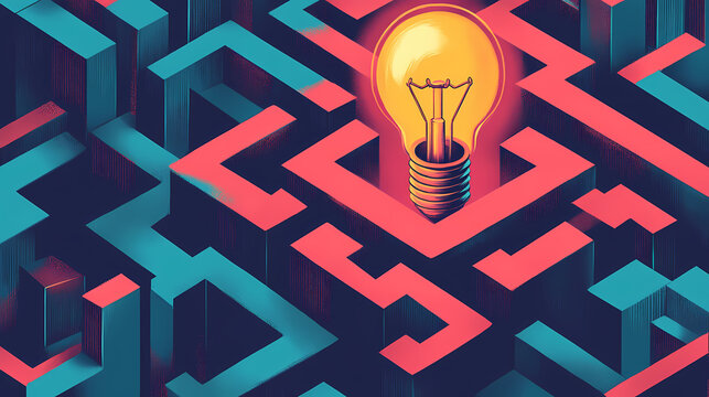 A maze with a light bulb at the center, symbolizing problem-solving and the quest to find innovative solutions. Enigma. Illustration