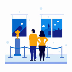 A man and woman are standing in front of a painting in a museum. They are looking at the painting and seem to be enjoying it