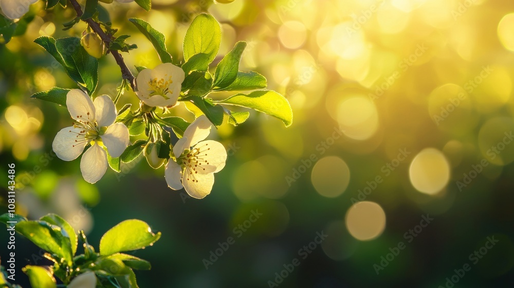 Poster springtime blossoming branch with sunlight and bokeh