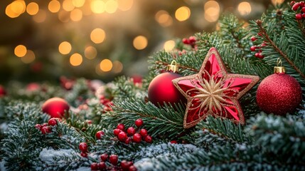 Festive Christmas tree adorned with red ornaments and a shining star.