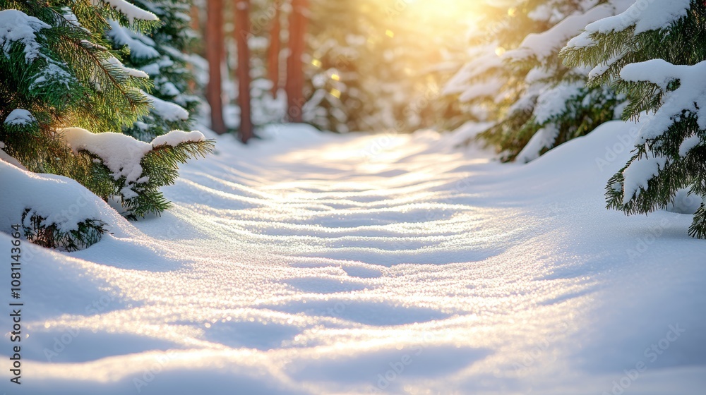 Poster sunlight filters through trees onto a snowy forest path.