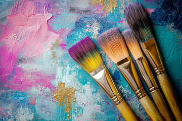 Colorful oil paint brushes and palette on a vintage backdrop