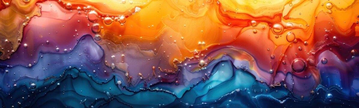 Brightly colored fluid painting with a lot of bubbles and sparkles, lcohol ink painting, banner