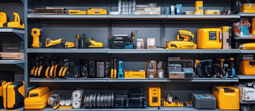 A well-stocked shelf in a hardware store filled with tools and equipment, including drills, saws, and other power tools.