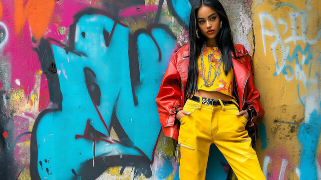 Confident Model in Stylish Outfit Against Urban Graffiti Wall