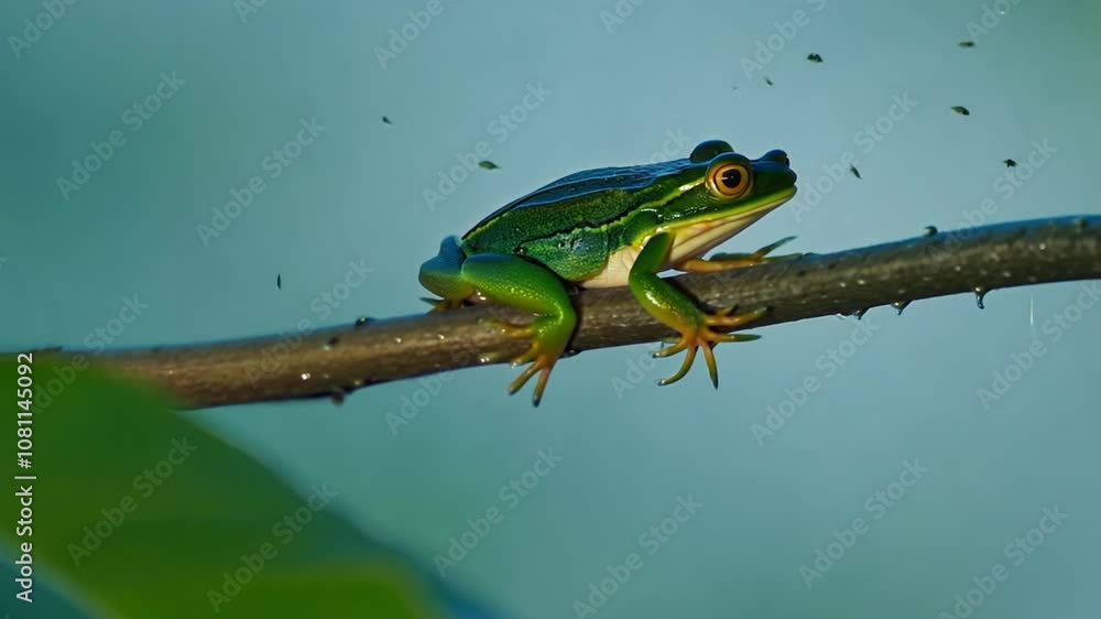 Poster japanese tree frog perched on a branch in a tranquil setting generative ai