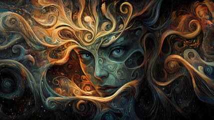 A mysterious figure emerges from swirling tendrils, evoking a sense of enigma and intrigue, ai. Enigma. Illustration