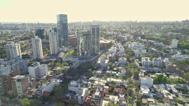 Drone footage over modern building Torres nauticas, Montevideo, Uruguay