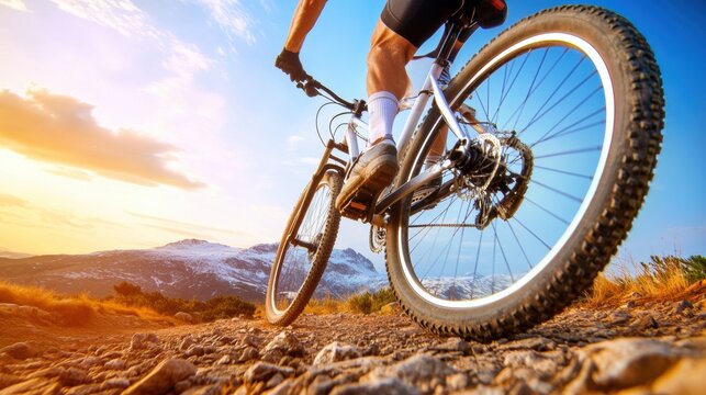 Mountain biker rides rugged trail at sunset, capturing adventure and freedom, AI