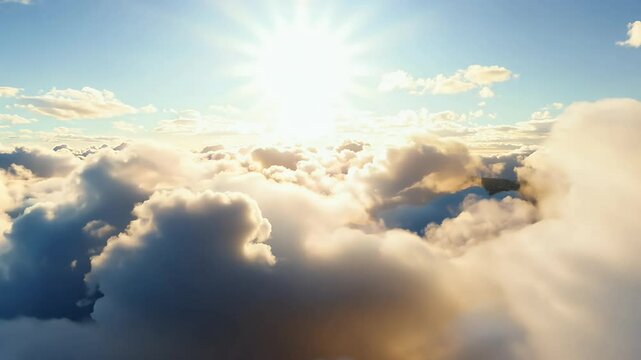 4K loop fluffy cumulus clouds drifting warm rays sun bright daylight shining casting shadows rolling offering serene peaceful sky scene