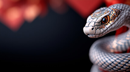 Obraz premium A mesmerizing close-up of a detailed snake illustration with intricate golden accents on its scales, set against a dark background, symbolizing transformation and wisdom in Chinese New Year.