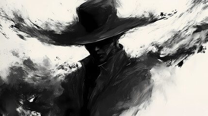A mysterious figure in a dark hat, embodying themes of intrigue and enigma in a captivating black and white illustration. Enigma. Illustration