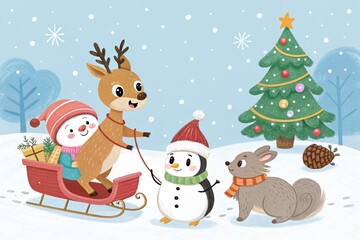 christmas, winter, snow, snowman, santa, holiday, vector, cartoon, xmas, illustration, card, tree, gift, new year, snowflake, santa claus, celebration, season, new, reindeer, hat, greeting, cold, deco