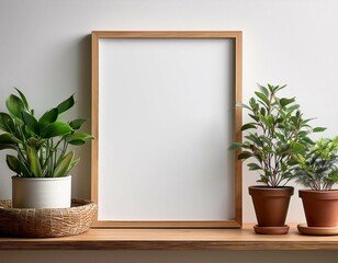 Fototapeta premium a blank poster frame mockup on a wooden shelf with plants in pots and on a tray the background is a white wall