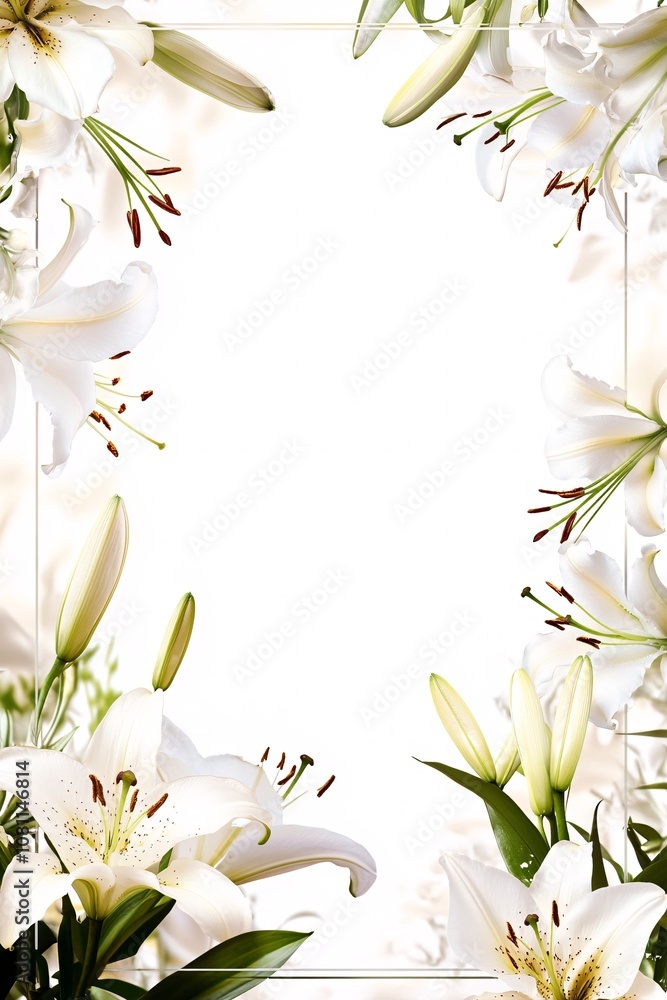 Poster an empty photo frame with a white background and color floral border on the edges, a white lily flow