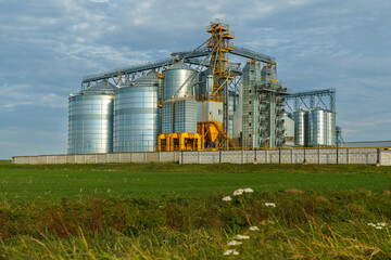 silver silos on agro manufacturing plant for processing drying cleaning and storage of agricultural...