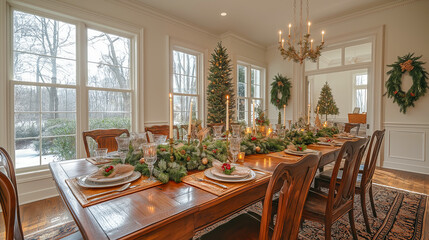 Fototapeta premium Elegantly arranged dining table for a Christmas feast in a bright dining room with natural lighting and festive decor