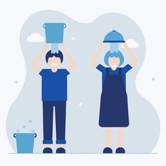Two people are holding buckets and a bowl, possibly cleaning or washing something. Scene is lighthearted and playful, as the people are holding the buckets and bowl in a humorous way