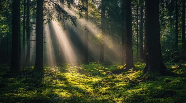 Dark forest at night illuminated by soft moonlight rays shining through trees
Seamless looping 4k time-lapse virtual video animation Generated AI