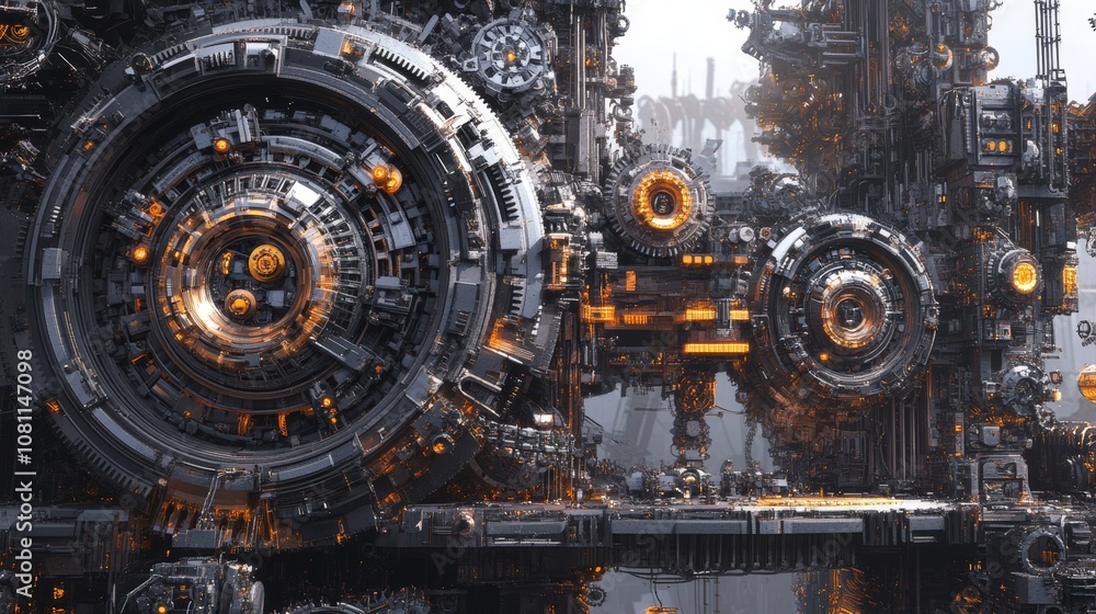 Poster futuristic steampunk machine with changing cogs and gears for industrial or sci-fi concepts generati